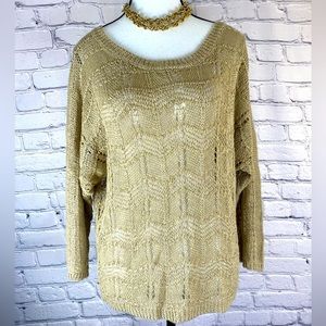 Lucky Brand Gold Loose Knit Boho Bohemian Crew Neck Sweater size Large EUC